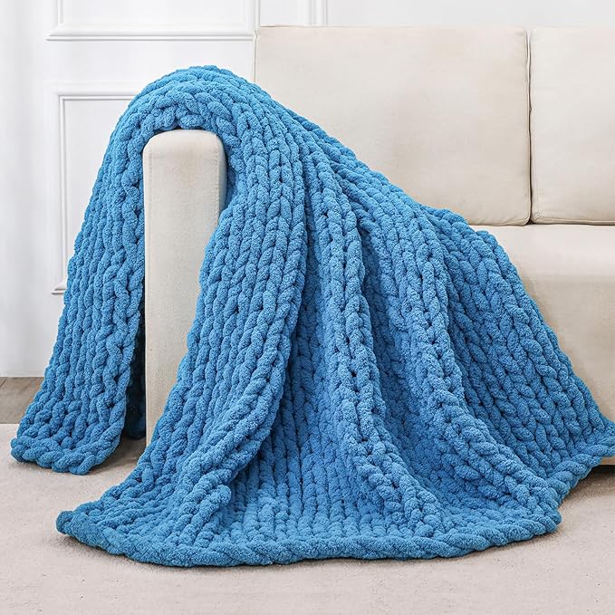 Bigacogo Chunky Knit Throw Blanket for Couch, 40x60 inches, 100% Hand Knitted with Thick Jumbo Chenille Yarn, Cozy Soft Large Rope Knot Cable Crochet Blankets for Sofa Bed Living Room, Bright Blue
