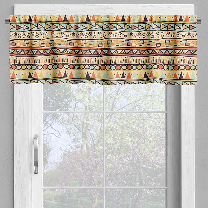 Ambesonne Prehistoric Valance & Tier Curtain 3 pcs Set, Mexican Style Doodles with Triangles Circles Folkloric Geometric Tribal, Window Treatments for Kitchen Room Decor, 55" x 45", Pastel Yellow