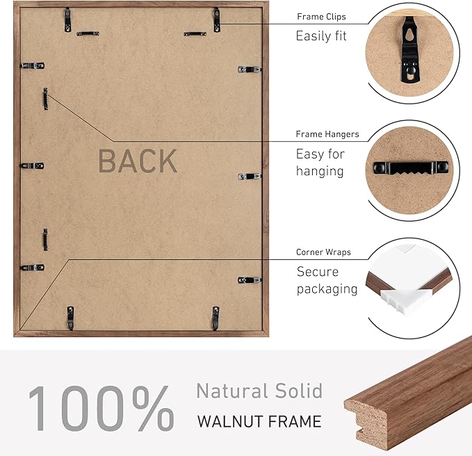 18x24 Poster Frame Natural Solid Walnut Photo Frames with 16x20 Removable Mat Wall Hanging Large Handcrafted Frame with HD Plexiglass Wall and Tabletop Display Large Picture Frame