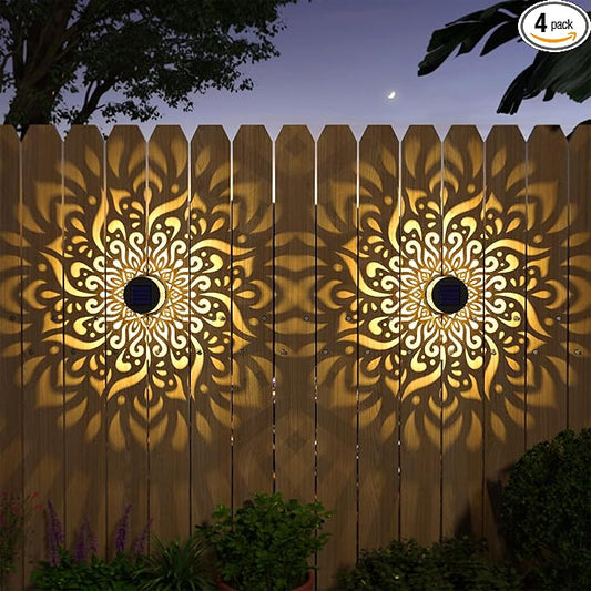 4 Pack Solar Fence Lights Metal Solar Powered Outdoor Wall Deck Step Lights Mandala Theme Waterproof Fence Light for Garden Post Patio Backyard Decor (4 Pack)