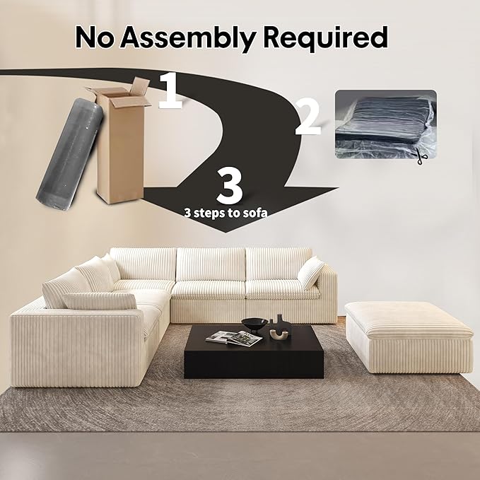 118" 6-Seater Cloud Sofa,Modular Sectional Couch with Ottoman,Modern Deep Seat Upholstered Couches with Plush Corduroy Fabric for Living Room Furniture,Bedroom and Apartment,No Assembly Required,White