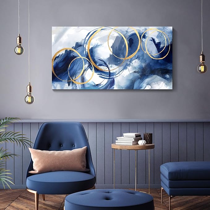 AJAZIKO Blue Abstract Wall Art Modern Art Wall Decor Artwork For Walls Living Room Large Painting Size 20x40 Office Pictures For Wall Navy Gold Contempor Decorations For Bedroom