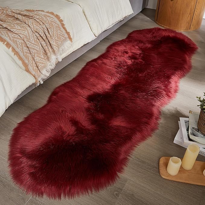AMTOVO Faux Sheepskin Rug, Burgundy Ultra Soft Fluffy Shag Area Rug, 2 x 6 ft Faux Fur Rug for Bedroom Sofa Throw Cushion Room Decor, Sheepskin