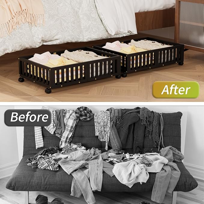 Bamboo Under Bed Storage with Wheels (2-Pack) – Rolling Underbed Shoe Organizer Box for Shoes, Blankets, Toys, Clothes Container Space-Saving Organizer Bins for Bedroom, Closet, Dorm, Nursery
