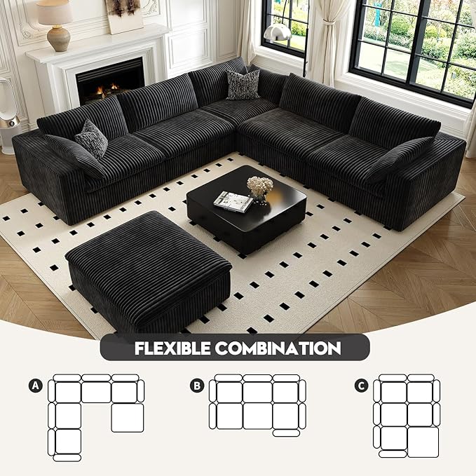 118" Cloud Couch Oversized Modular Sectional Sofa for Living Room,Modern Sofa with Deep Seat，6 Seater Boneless Couch,Comfy Upholstered Corduroy Couches for Apartment, Studio, Office,Bedroom，Black