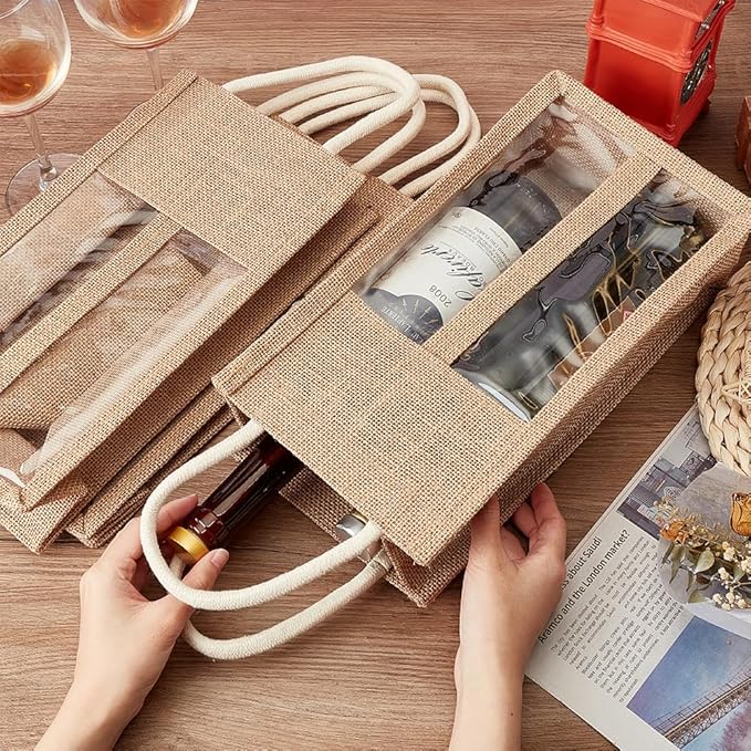 BENECREAT 3 Packs Burlap Wine Bottle Bag Jute Wine Tote Gift Bag with 2 Clear Window and Handle for Wedding Birthday Festivals Souvenir Packaging Wine Gift Packaging (Double Bottles)