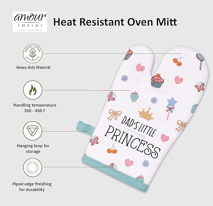 AMOUR INFINI 100% Cotton Little Princess 3-Piece Kitchen Set| Kid's Aprons, Oven Mitts, and Chef Hats|Kitchen Play,Cooking,Grilling,Baking,Thanksgiving,Christmas,Birthday Gift for Girls & Young Chefs