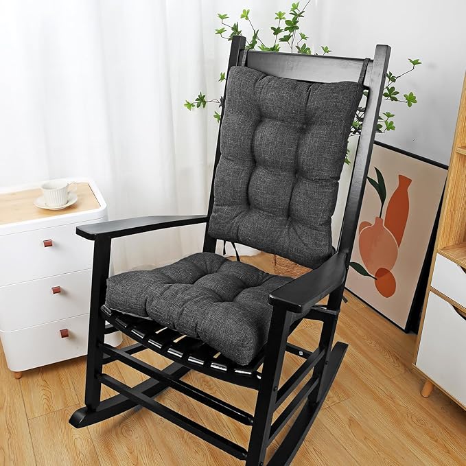 BUYUE Chair Cushion Set for Rocking Chair, Back Pillow & Seat Cushion with Ties, Original Woven Fabric Non-Slip Chair Pads for Elderly Sitting, Dark Gray