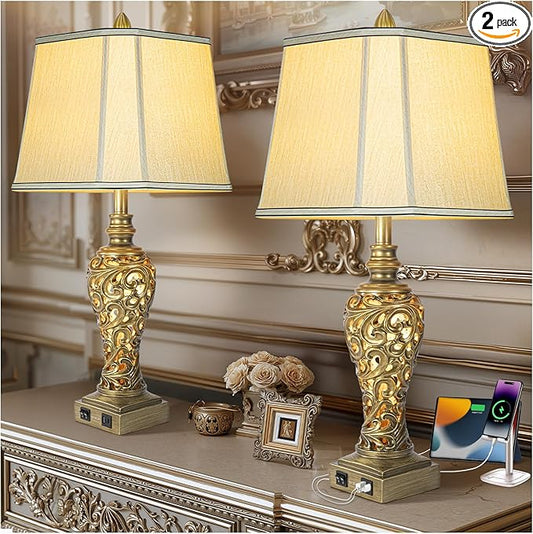 28.5'' Table Lamps Set of 2 for Living Room, Vintage Bedside Lamps with USB A+C Ports & Nightlight, Farmhouse Nightstand Lamps with Faux Silk Shade for Bedroom, Study Room, Office (LED Bulbs Included)