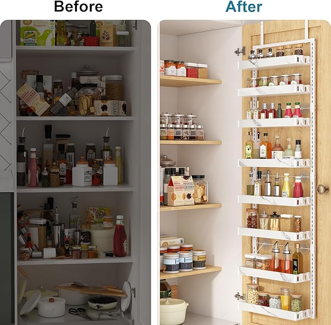 bukfen Over the Door Pantry Organizer,8-Tier Adjustable Basket Kitchen Pantry Door Organization and Storage, Heavy-Duty Metal Hanging Kitchen Spice Rack,D6.3 x W17.32 x H66.93 inch,White Marble Color