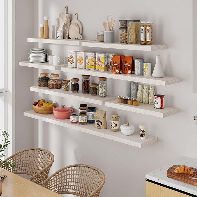 72 Inch Floating Shelves, 72 x 9 Rustic Wooden Fireplace Mantel, 9 Inch Floating Shelf for Wall, Farmhouse Wall Shelves for Home Storage & Display, Brich Color, Set of 1