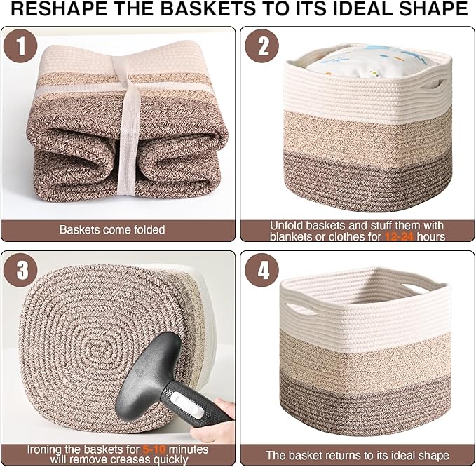 11 Inch Cube Storage Bins, Storage Cube Organizer Bins, Woven Cotton Rope Baskets for Storage, Storage Basket for Organizing Shelves, Square Baskets for Toys, Gradient Brown (Pack of 3)