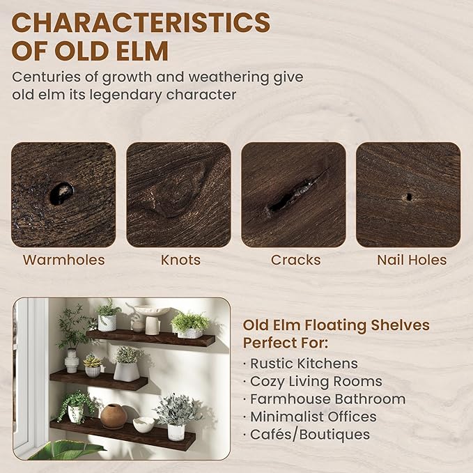 36 Inch Floating Shelves for Wall, Rustic Elm Wood Shelf for Home Decor, Heavy-Duty Wooden Floating Shelves for Kitchen, Wall Mounted Storage Shelves for Bathtoom, Living Room, Walnut Color, Set of 2