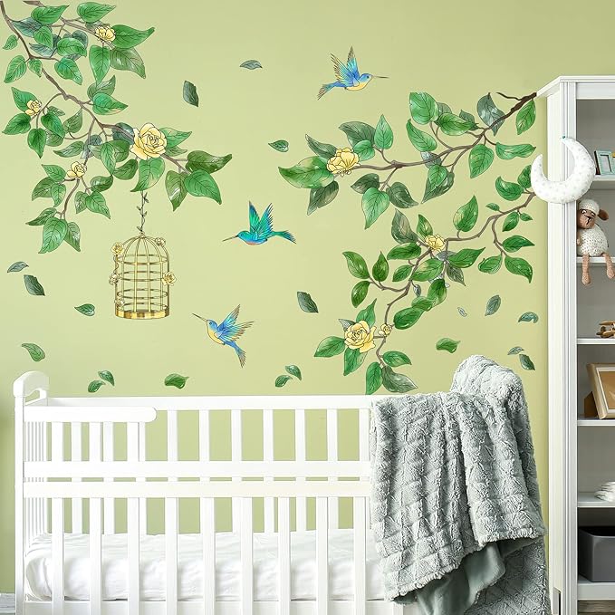 Amaonm Removable PVC Two Tree Branches With Green Leaves wall Sticker DIY Peel and Stick Flower and Birds Wall Decals Decor for Kids Girls Boys Bedroom Living Room Nursery Classroom Playroom Wall Background Decoration