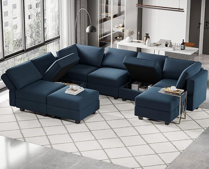 Belffin Modular Sectional Sofa with Storage Chaises Sectional Sleeper Sofa Couch 8 Seat Sectional Bed Blue