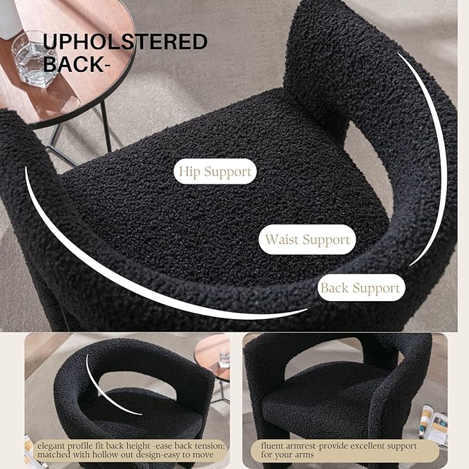 Black Sherpa Dining Chairs Set of 4, Modern Barrel Dining Room Chairs Upholstered Faux Fur Accent Chair with Arms and Round Back for Living Room Kitchen Armchair No Assembly Needed