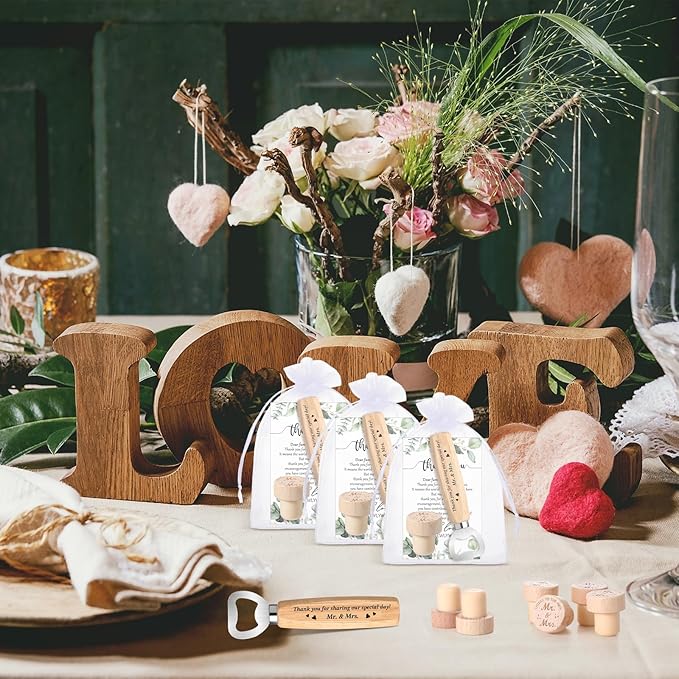 Barydat 36 Sets Wedding Favors for Guests Mr and Mrs Wooden Wine Stopper Cork Beer Bottle Opener with Wedding Thank You Gift Card Organza Bag Wedding Gifts for Engagement Bridal Shower Party Supplies