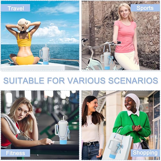 BELSITA Stanley Cup Accessories Set, Bow Pearl Chain Braided Design Water Bottle Handle Strap, Silicone Stanley Cup Boot, Stanley Charms for Stanley Cup 30/40oz Tumble (Blue)