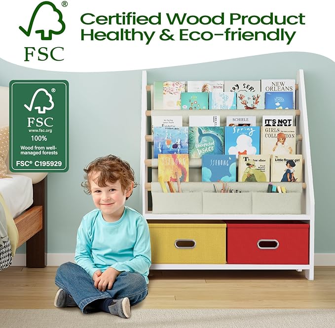 4 Tier Kids Book Shelf, Wooden Kids Book Rack, White Kids Bookshelf with Toy Storage Organizer, Toddler Sling Bookshelf for Boys, Girls, Kids Room, Red/Yellow