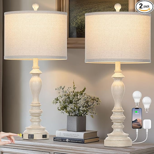 27.5" Retro Table Lamps Set of 2 with USB A+C Charging Ports -Nightstand Lamp for Bedroom Vintage Rustic Table Lamps for Living Room Traditional Nightstand Bedside Lamps（2 Bulbs Included）