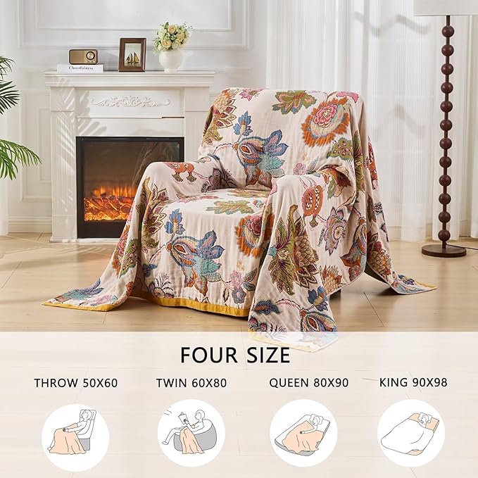 100% Muslin Throw Blanket for Couch, Butterfly and Floral Double Embroidery Summer Throw Blanket 60"x80" for Bed, Chair, Woven Cotton Reversible Mexican Blanket