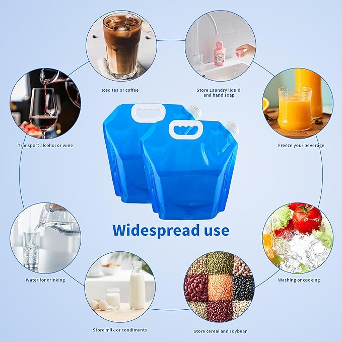 5 Pcs Collapsible Water Bottles Container Bag, 1.3 Gallon No-Leak Freezable Water Storage Bag, BPA Free Food Grade Plastic Storage Water Jug for Outdoors Camping Hiking Backpack Emergency