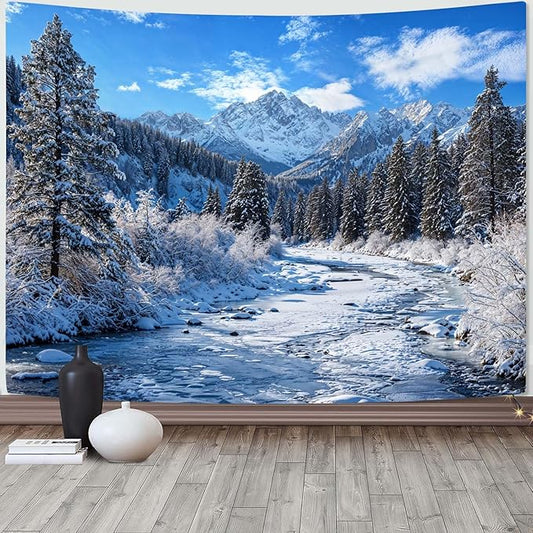 AMM Winter Forest Snow Mountain Tapestry Snowy Pine Tree Woodland Tapestry for Bedroom Aesthetic White Clouds Flowing River Landscape Tapestries Wall Hanging for Living Room Dorm Office 48 x 36 Inch