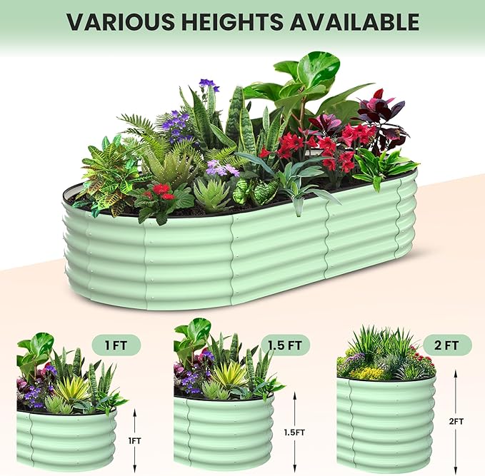2 Pcs 6x3x1ft Oval Raised Garden Bed, Galvanized Raised Beds,Open-Ended Base Metal Raised Planter Beds,Garden Bed Outdoor,Planter Raised Boxes for Vegetables, Flowers,Tool-Free Asse,Green