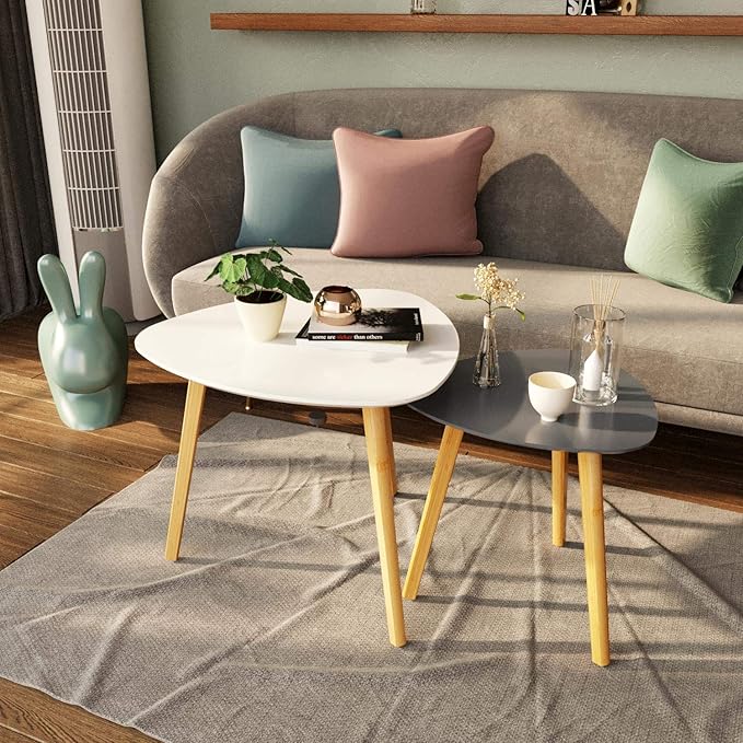 BAMEOS Bamboo Nesting Triangle End Table,Set of 2 Coffee Table Modern Minimalist Side Table for Living Room, Balcony in White & Grey