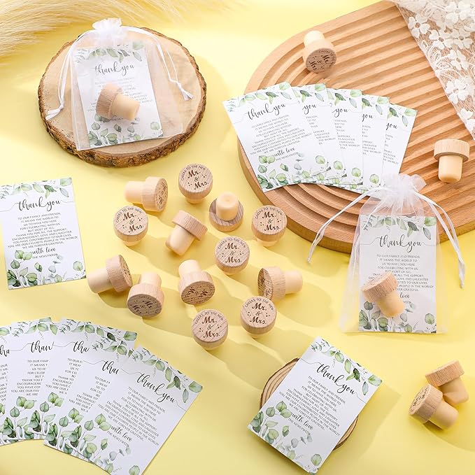 Barydat 50 Sets Wedding Favors for Guests Bulk Engraved Wood Wine Bottle Corks Wine Stopper with Wedding Thank You Cards and Organza Bags Wedding Appreciation Gifts for Guest Thank You Gifts (Classic)