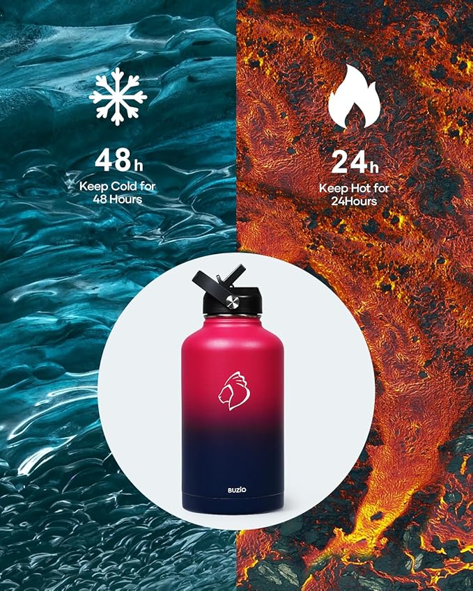 BUZIO 64oz Insulated Water Bottle Stainless Steel Double Wall Leak Proof Half Gallon with Straw Lid and Flex Cap (Cold for 48 Hrs) Sports Flask Metal Travel Mug for Hiking Cycling, Ruby Red Navy