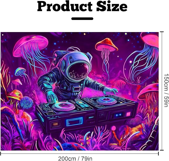 BVBOX Astronaut Space Blacklight Tapestry 79"x59", UV Reactive DJ Astronaut Jellyfish Universe Galaxy Planet Glow in Dark Music Tapestries, Black Light Neon Upright Poster Wall Hanging Backdrop Decor for Bedroom Living Room