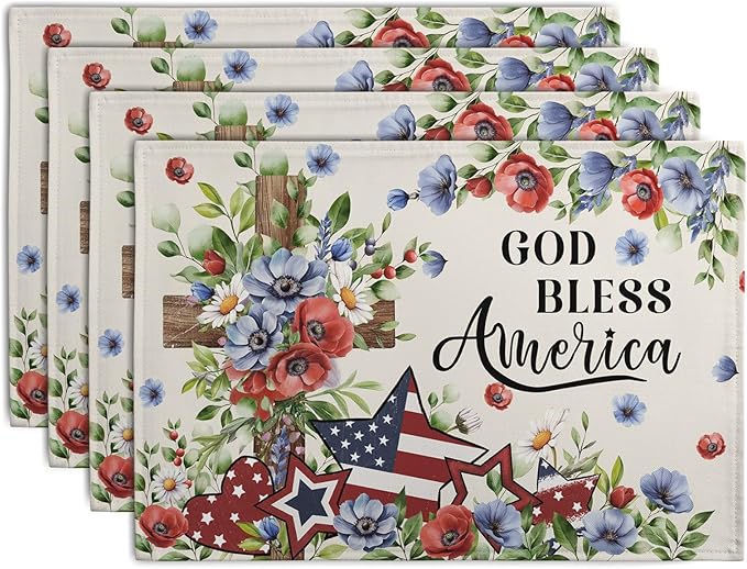 4th of July Placemats Set of 4 Patriotic Floral Cross Stars Independence Memorial Day Place Mats 12x18 Inch God Bless America Linen Fabric Table Mats for Party Kitchen Dining Decoration