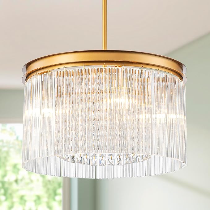4-Lights Drum Glass Chandelier, Modern Style Light Fixture for Dining Room, Bedroom, Ripple Glass Shade & Brass Finish, D16.5 * H18~48 inch (Adjustable Height)