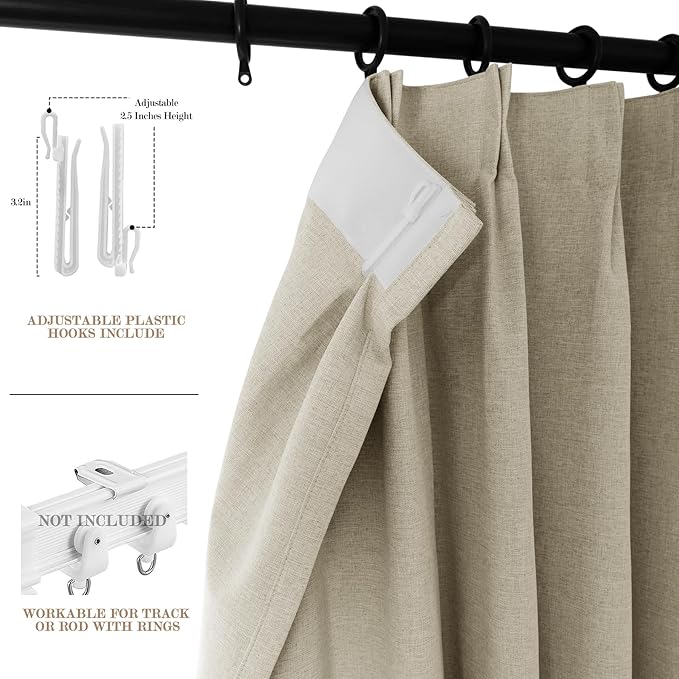 Beige Pinch Pleat 100% Blackout Drapes Linen Blend, Room Divider, Room Darkening, Energy Saving, Furniture Protecting, Light Blocking Extra Wide Privacy Curtains, 200Wx108L, 1 PC