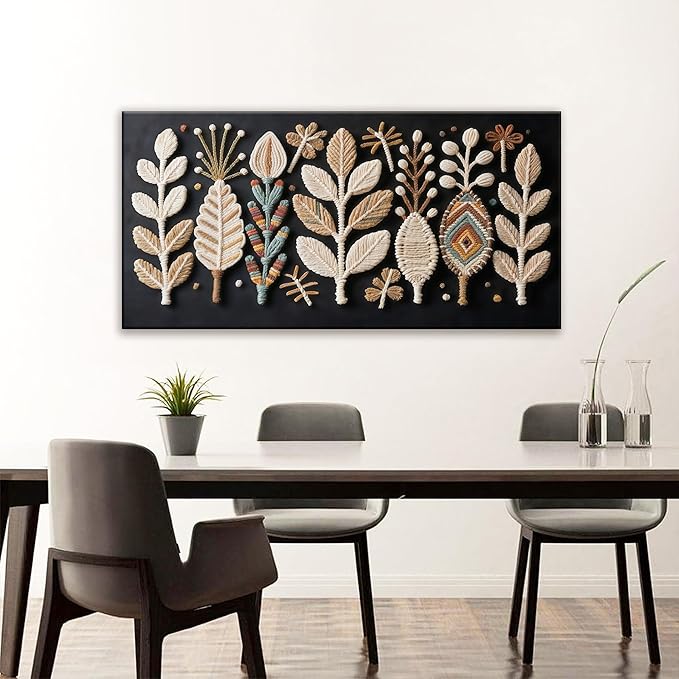 Boho Black Wall Art Chic Home Wall Art Modern Multicolor Leaves Feather Canvas Wall Art Decor For Living Room Bedroom Apartment Kitchen 24"W X 48"L Ready To Hanging
