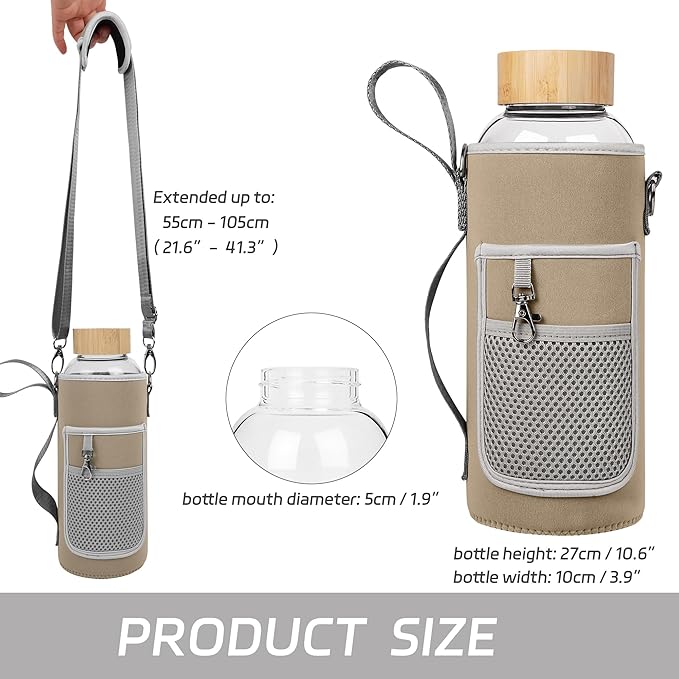 48 oz Sports Borosilicate Glass Water Bottle with Bamboo Lid with Neoprene Sleeve