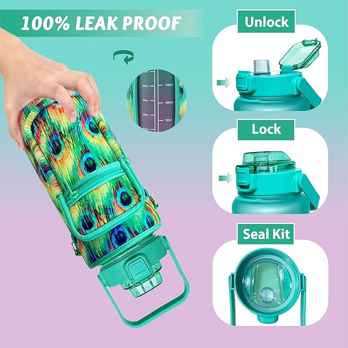 64 oz Water Bottle with Straw Sleeve & Strap Motivational Half Gallon Water Jug with Handle for Gym Women Men Aesthetic Water Bottle with Strap Peacock Feather