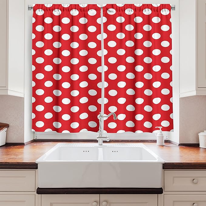 Ambesonne Retro Long Kitchen Curtains, 50s 60s Iconic Pop Art Style Big White Polka Dots Picnic Vintage Old Theme Image, Two Panels Drapes with Rod Pocket Room Decor, 55" x 45", Vermilion White