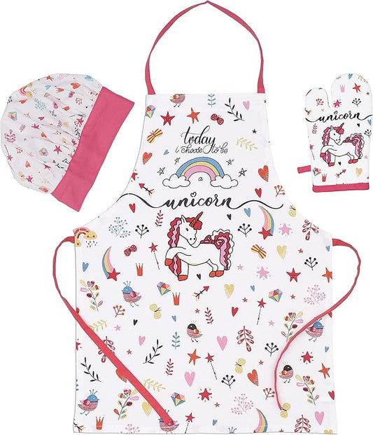 AMOUR INFINI 100% Cotton Unicorn 3-Piece Kitchen Set| Kid's Aprons, Oven Mitts, and Chef Hats|Kitchen Play,Cooking,Grilling,Baking,Thanksgiving,Christmas,Birthday Gift for Girls & Young Chefs
