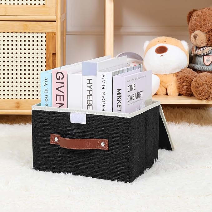ANMINY Storage Bin with Lid Storage Boxes with PU Leather Handles PP Plastic Board Decorative Foldable Lidded Cotton Linen Fabric Home Cubes Baskets Closet Organizer Container - Black, Small Size