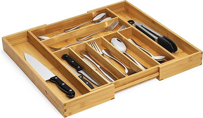 Bamboo Drawer Organizer, 2 Pack - Expandable Silverware Organizer & Utensil Drawer Organizer, Cutlery Tray with Dividers, 7-9 Slots- Premium Kitchen Organizer for Utensils & Flatware (Natural)