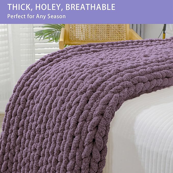 Bigacogo Chunky Knit Throw Blanket for Couch, 40x60 inches, 100% Hand Knitted with Thick Jumbo Chenille Yarn, Cozy Soft Large Rope Knot Cable Crochet Blankets for Sofa Bed Living Room, Winter Grape