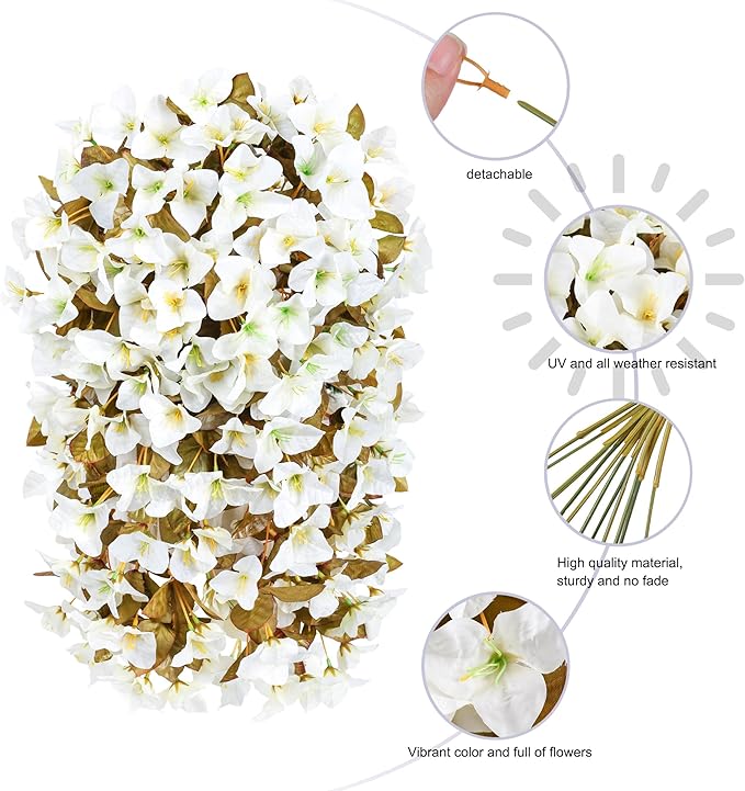 Bougainvillea Artificial Flowers Plants for Outdoors Outside Fall Autumn Decoration, 2 pcs Faux Silk Long Trailing Vines UV Resistant Look Real White Fake Flowers for Front Door Porch Planter Urn Yard