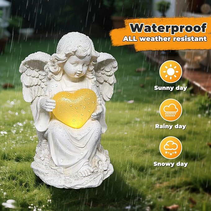 Angel Statues for Garden, Solar Angels for Outside with Glowing Heart & Cemetery Decorations for Grave, Yard Art Patio Balcony & Lawn Ornaments Gifts for Mom Grandma Women