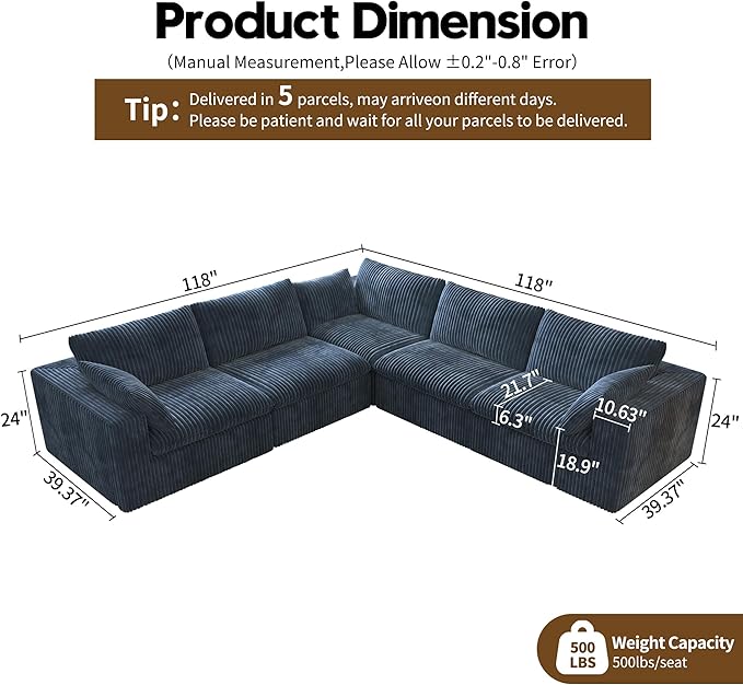 118" V Shaped Corner Modern Sofa Modular Sectional Cloud Couch,Deep Seat Upholstered Couches with Plush Corduroy Fabric for Living Room Furniture,Bedroom and Apartment,No Assembly Required,Blue