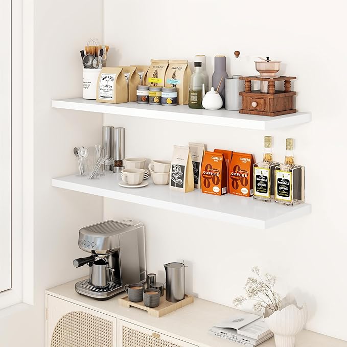 48" Floating Shelves for Wall, 12" Deep Slim White Floating Shelves, Wall-Mounted Shelves for Bedroom, Living Room, Kitchen, Bathroom - Set of 2