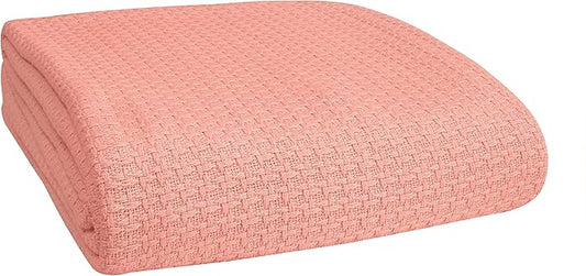 BELIZZI HOME 100% Cotton Bed Blanket, Breathable Bed Blanket King Size, Cotton Thermal Blankets King, Perfect for Layering Any Bed for All Season, Peach