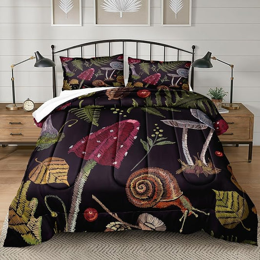 Bedbay Mushroom Comforter Set Queen Size 4 Pieces Retro Bedding Queen Bed Set Tropical Leaves Plant Mushroom Comforter Queen Set with 2 Pillowcases 1 Cushion Cover(Mushroom,Queen)