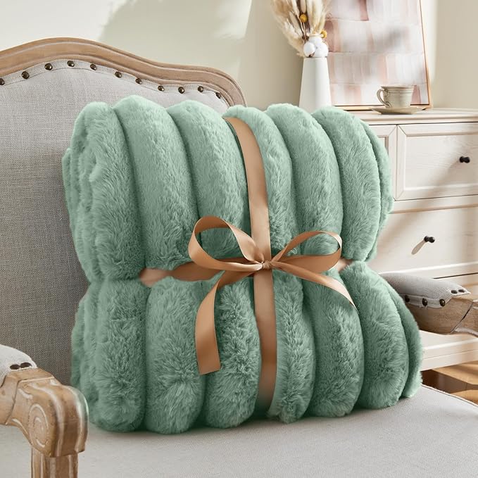 BEDELITE Faux Rabbit Fur Blanket, Luxurious 3D Striped Spring Blanket for Decor & Gift, Soft and Warm Plush Fluffy Faux Fur Throw Blanket All Seasons Suitable, (Sage Green, 60"x 80")